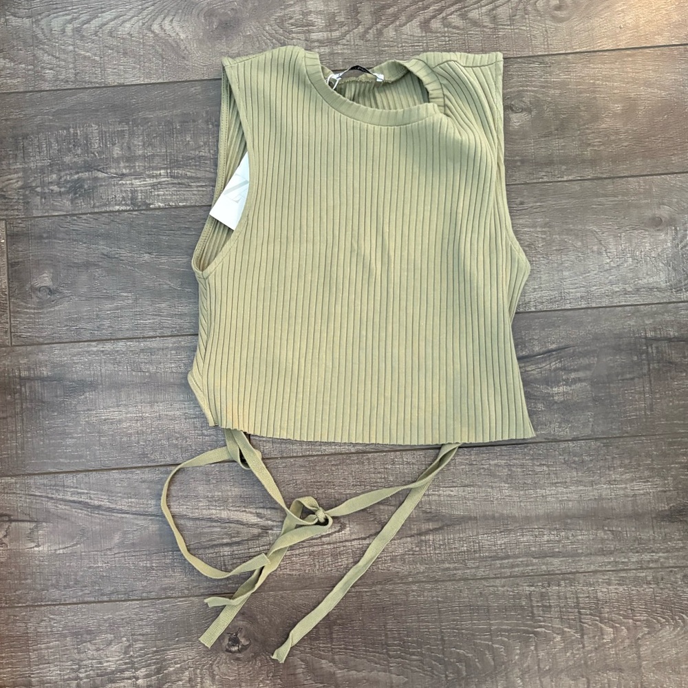 Zara Olive Ribbed Tie-Back Tank Top